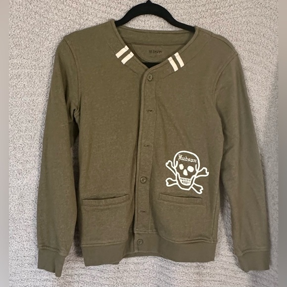 Hudson Kids Skull Button Down Sweater Olive - Picture 1 of 3